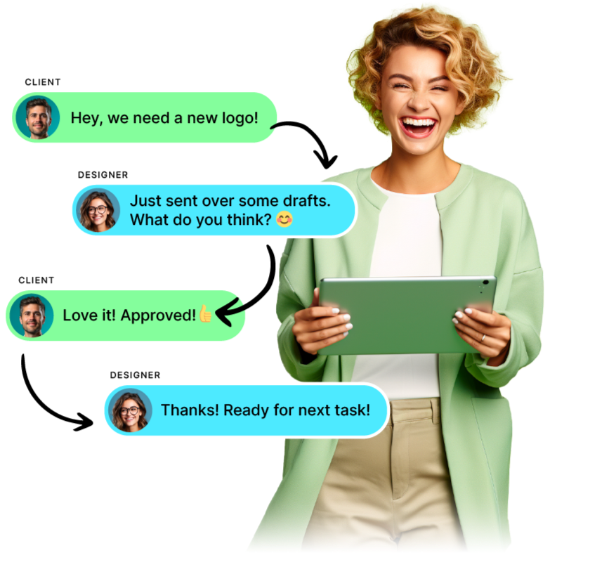 Conversation bubbles of a design task and happy successful marketing manager woman next to.