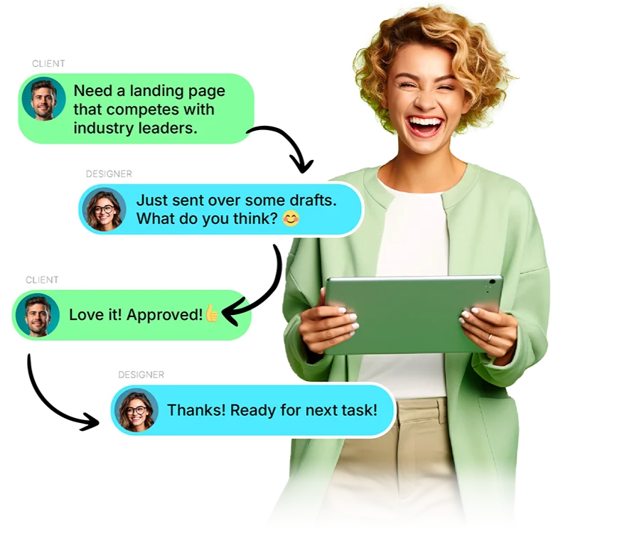 Conversation bubbles of a design task and happy successful marketing manager woman next to.